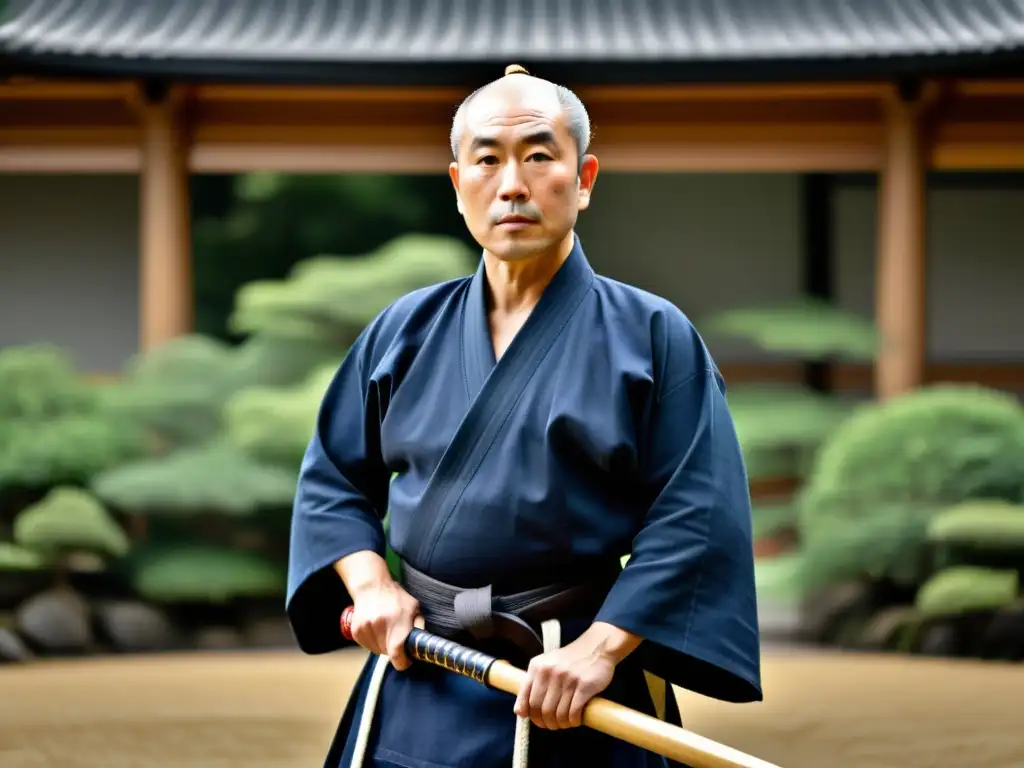 Maestro legendario de Kendo, Miyazaki, con mirada firme y pose serena, en un dojo tradicional o jardín japonés, evocando disciplina y dedicación