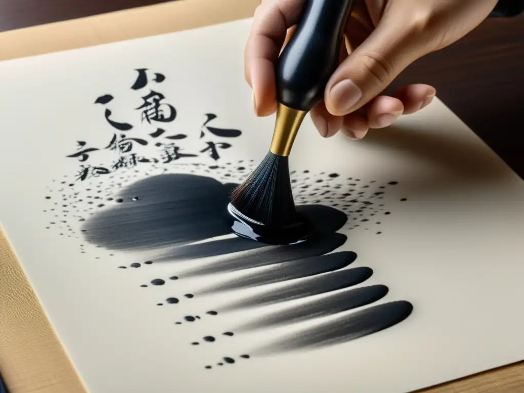 Un maestro calígrafo samurái maniobra con precisión un pincel japonés, creando elegantes caracteres