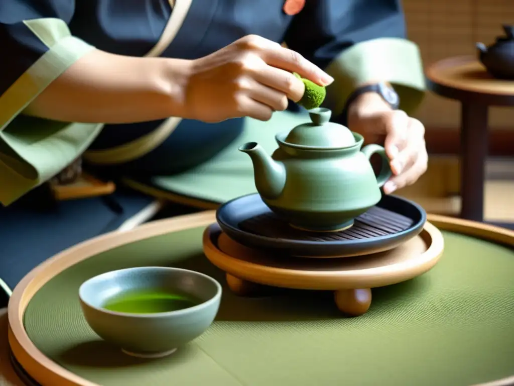 El maestro del té samurái sirve matcha con gracia y precisión, reflejando el papel de la comida en rituales samurái