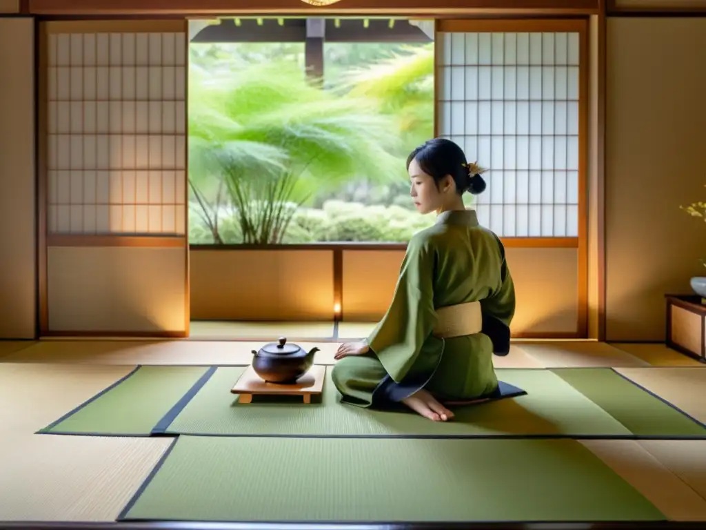 Un maestro del té samurái sirve matcha en una sala tradicional japonesa con una atmósfera serena y elegante