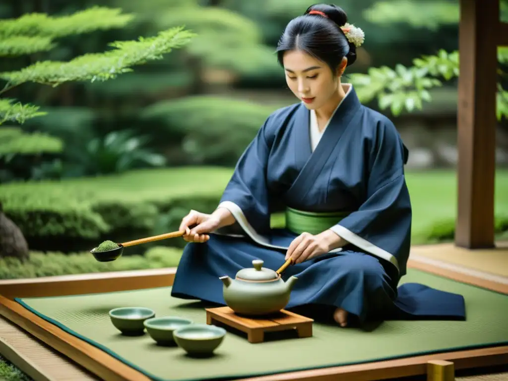 Un maestro de té sirve matcha a samuráis en un jardín sereno, capturando la esencia de la cultura japonesa y la poesía waka samurái