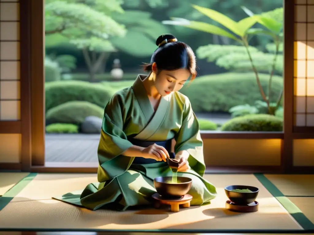 Un maestro del té samurái vierte matcha en un jardín sereno, reflejando la comida balanceada al estilo samurái con gracia y tradición