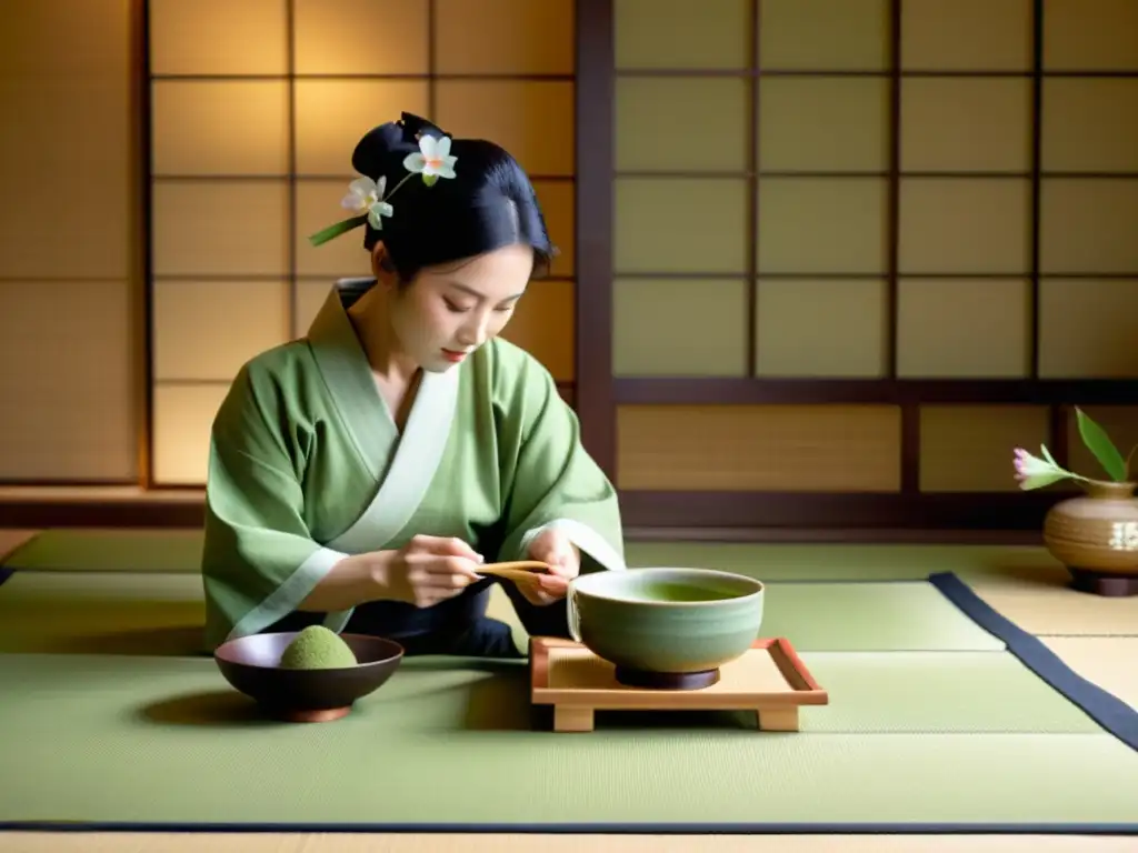 Un maestro del té samurái prepara matcha en una tranquila ceremonia japonesa, evocando la política de aislamiento en Japón