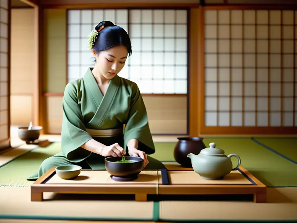 Un maestro del té preparando matcha en una tranquila sala de tatami, iluminado por la luz natural