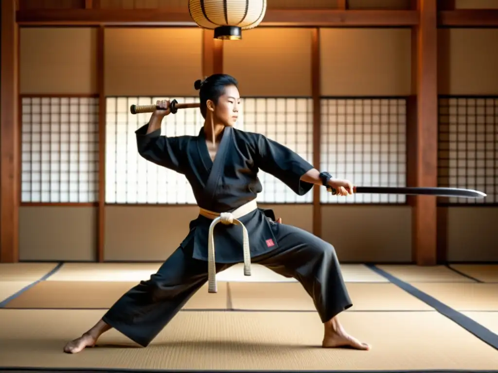 Un maestro de Naginatajutsu muestra su destreza con el arma tradicional en un dojo sereno