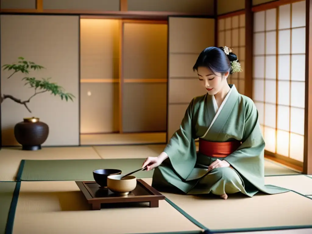 Un maestro tea practicante realiza la ceremonia del té en una sala tatami, capturando el legado samurái en el arte del té