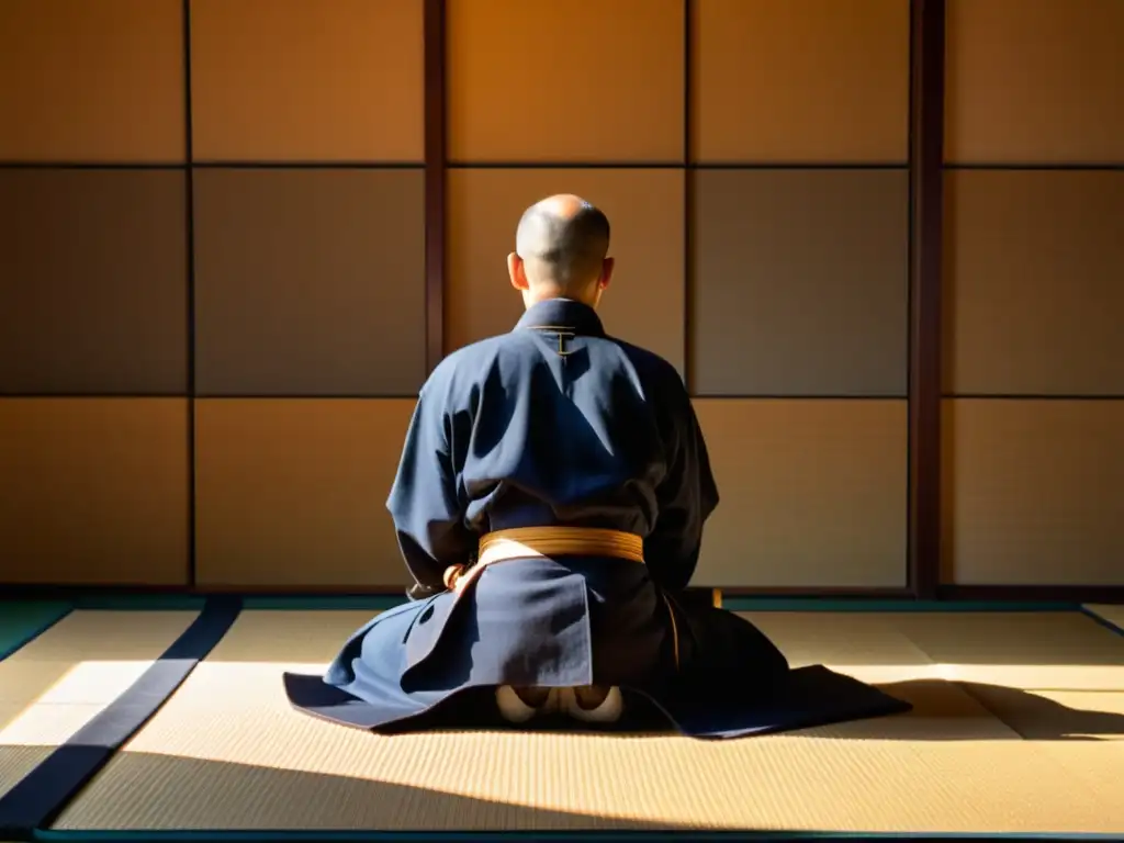 Un maestro practicante de iaido en vestimenta samurái tradicional, desenvaina su katana con precisión mientras la luz de la tarde ilumina la escena