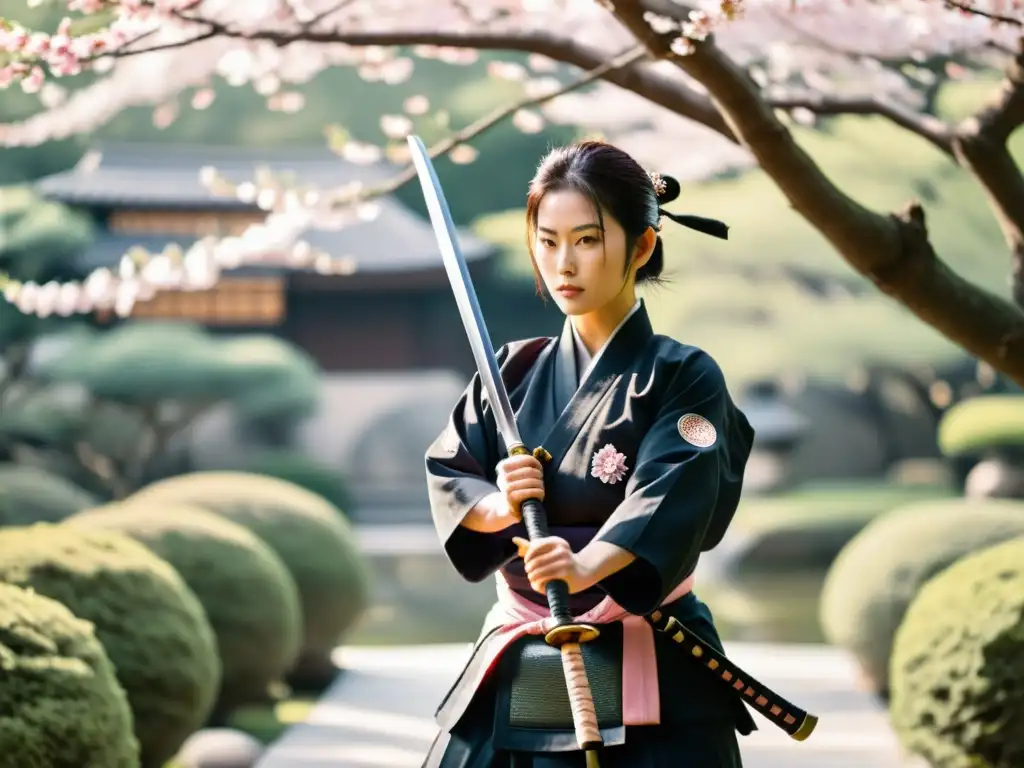 Un maestro practicante de kenjutsu en traje tradicional de samurái, en un jardín japonés con cerezos en flor