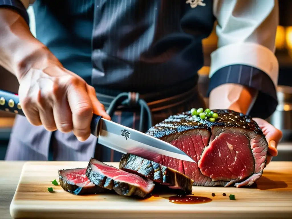 Maestro samurái cortando Wagyu A5 con katana Un maestro samurái cocina con precisión una exquisita pieza de carne A5 Wagyu con su katana, inmerso en la tradición culinaria samurái