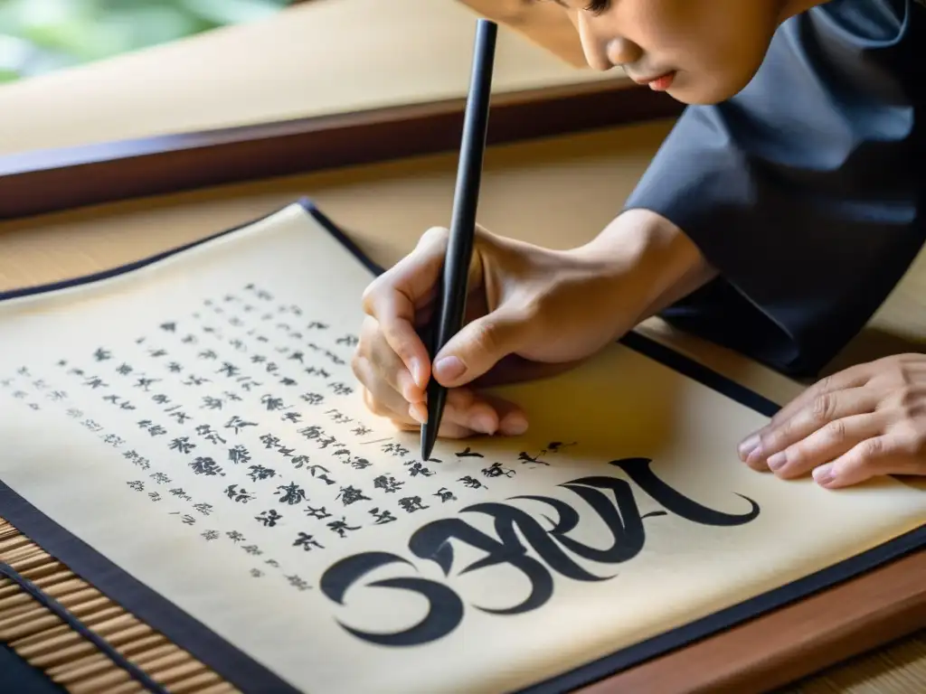 Un maestro calígrafo escribe con precisión un proverbio samurái en papel de arroz, mostrando la artesanía de la caligrafía samurái inspiradora cuadros