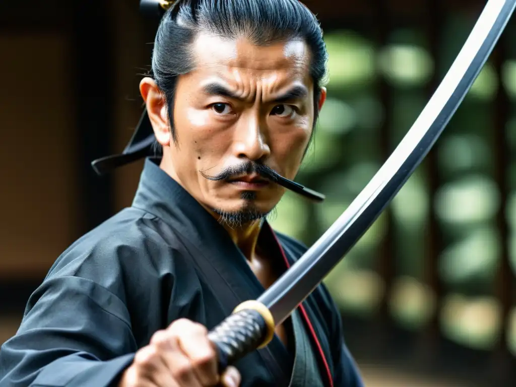 Un maestro samurái sostiene con destreza una naginata, arma tradicional