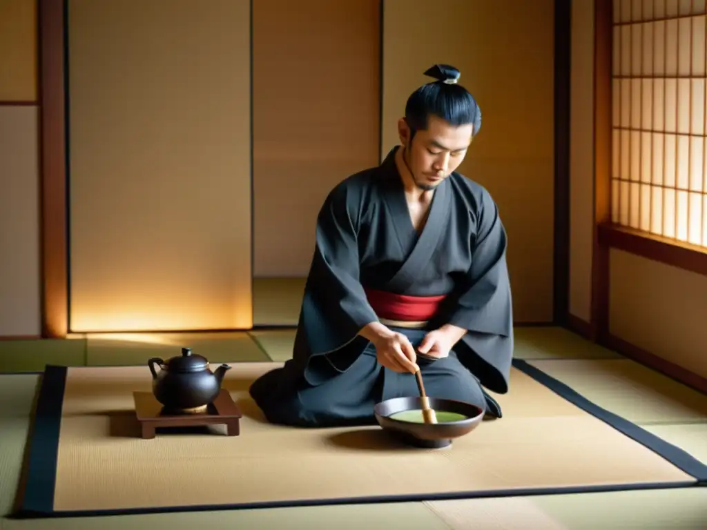 Un maestro samurái muestra disciplina y sabiduría en una serena ceremonia del té japonesa en una habitación minimalista de tatami