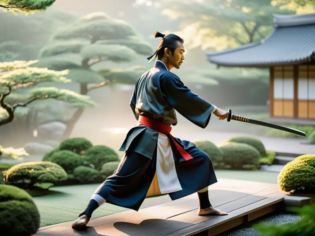 Maestro samurái practicando kenjutsu en un jardín japonés al amanecer, mostrando la conexión entre Zen y Artes Marciales
