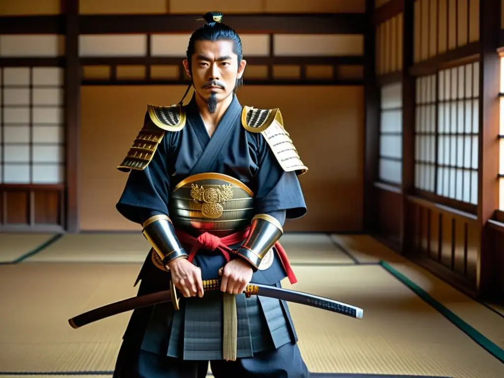 Maestro samurái demostrando la evolución histórica del manejo de la lanza samurái en un tradicional dojo japonés, rodeado de armas antiguas y artefactos históricos, reflejando reverencia y legado cultural