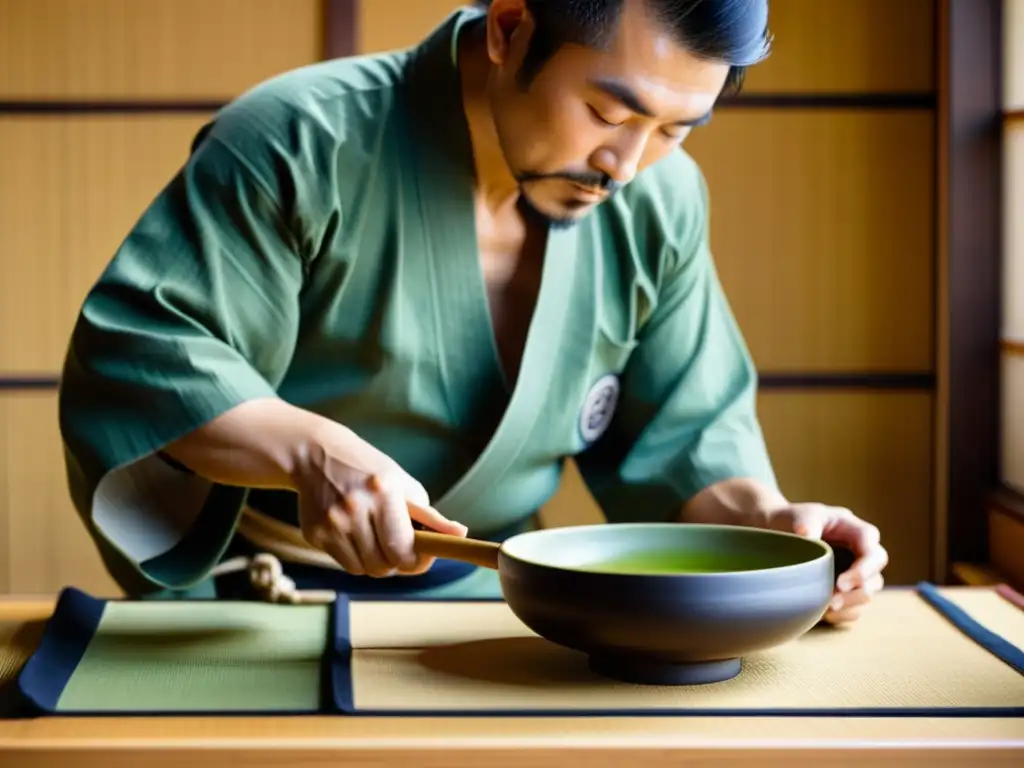 Maestro samurái preparando matcha con gracia en ceremonia tradicional, influencia samurái en gastronomía mundial