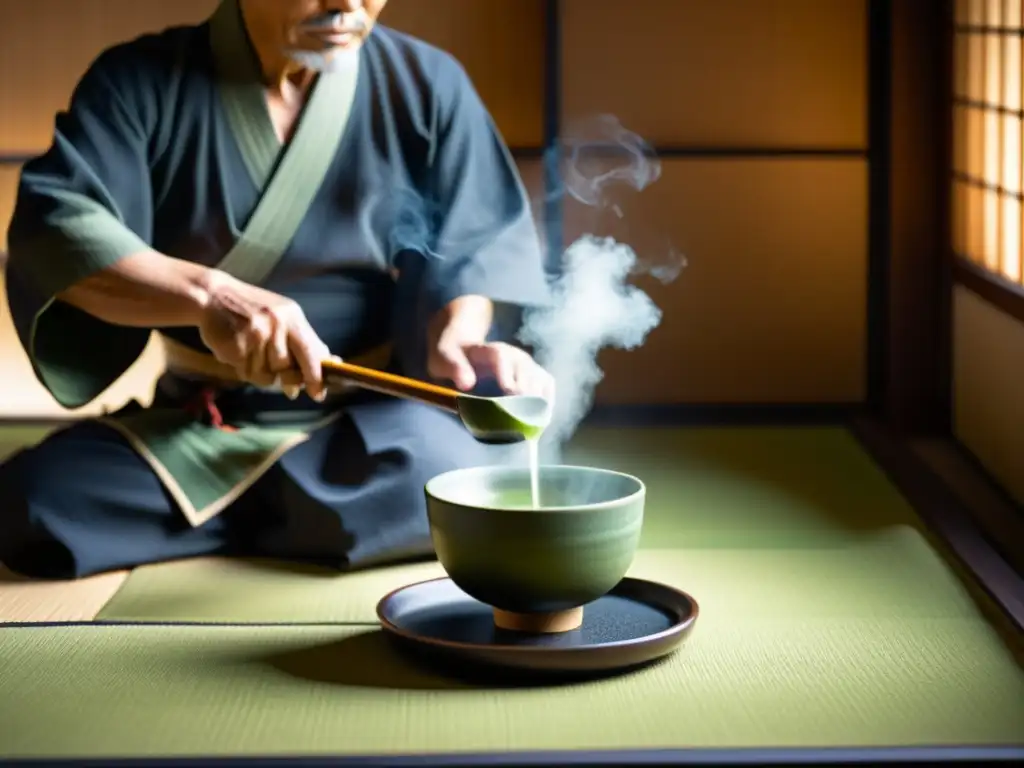 Un maestro samurái vierte matcha en una taza de cerámica en una ceremonia del té japonesa en una habitación minimalista