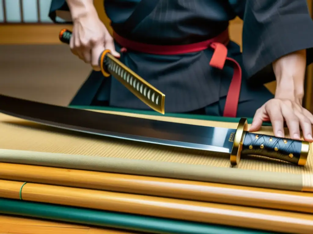 Un maestro samurái desmonta mitos sobre la katana, cortando con precisión objetos, en un jardín japonés con cerezos en flor