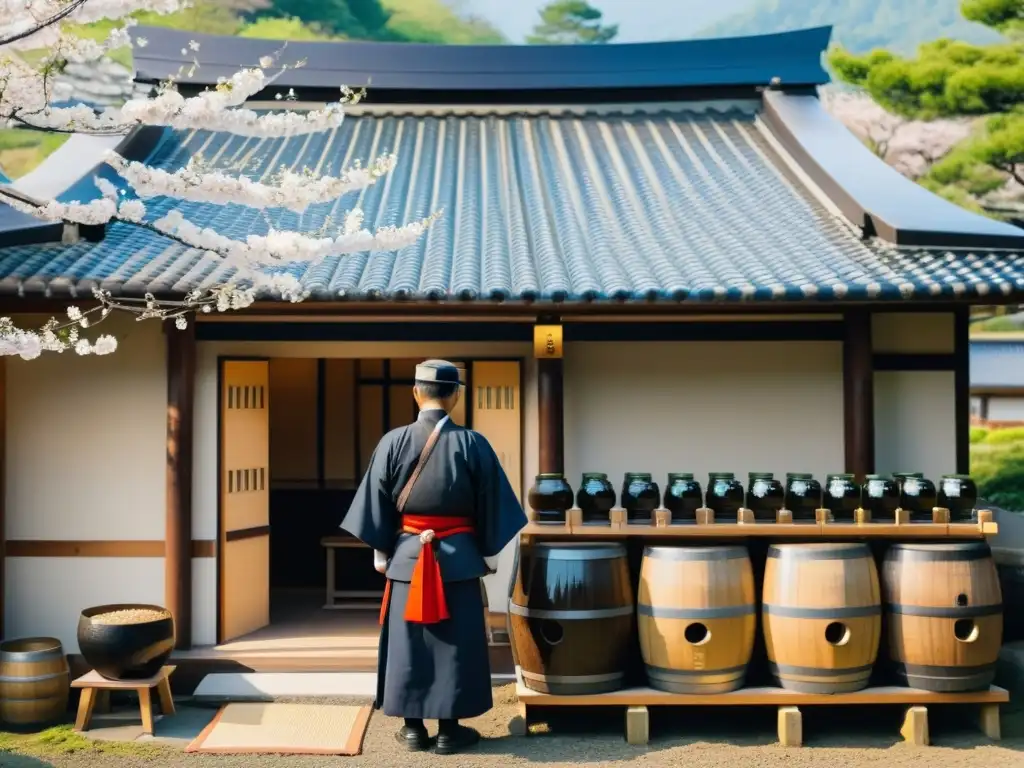 Un maestro samurái de sake inspecciona la cervecería japonesa, rodeado de barriles de madera y cerezos en flor