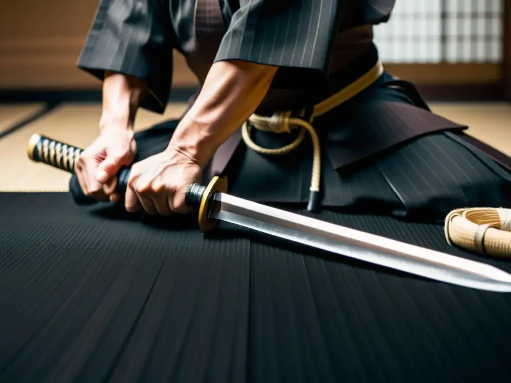 Un maestro samurái realiza tameshigiri con una katana, mostrando técnicas precisas y concentración intensa