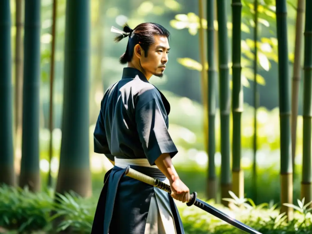 Un maestro samurái ejecuta técnicas tameshigiri con su katana en un tranquilo bosque de bambú, transmitiendo honor, disciplina y maestría samurái