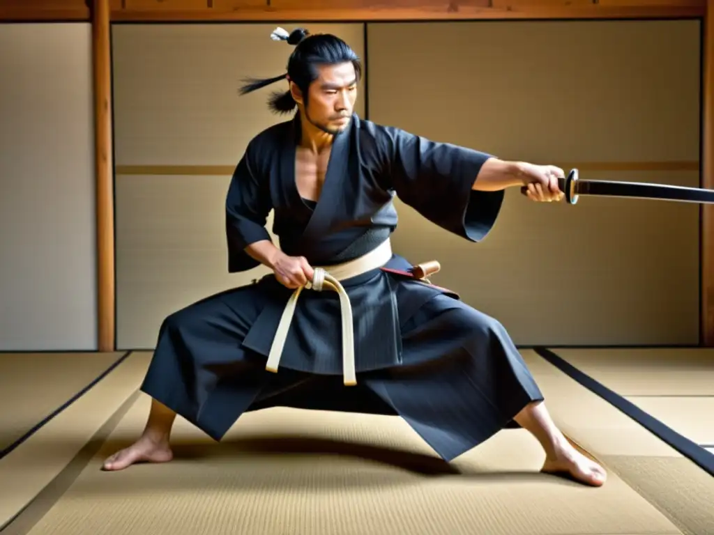 Un maestro samurái realiza técnicas tameshigiri con su katana, cortando un tatami con maestría y concentración