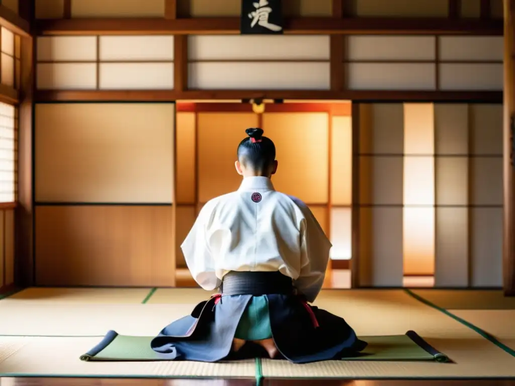 Maestro samurai en gi tradicional se inclina ante estudiantes en dojo iluminado, reflejando la disciplina del entrenamiento marcial tradición samurai