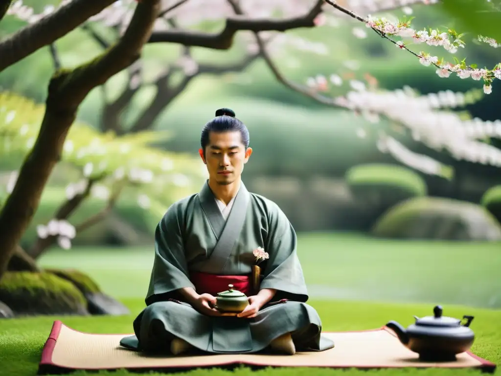 Un maestro samurái en meditación Zen, rodeado de naturaleza exuberante y cerezos en flor