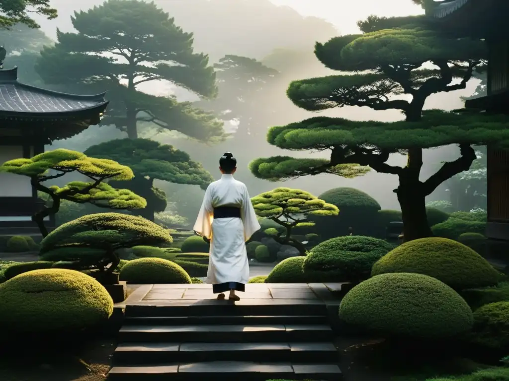 Un maestro solitario de Naginatajutsu practica al amanecer en un jardín japonés tradicional, evocando la filosofía espiritual samurái