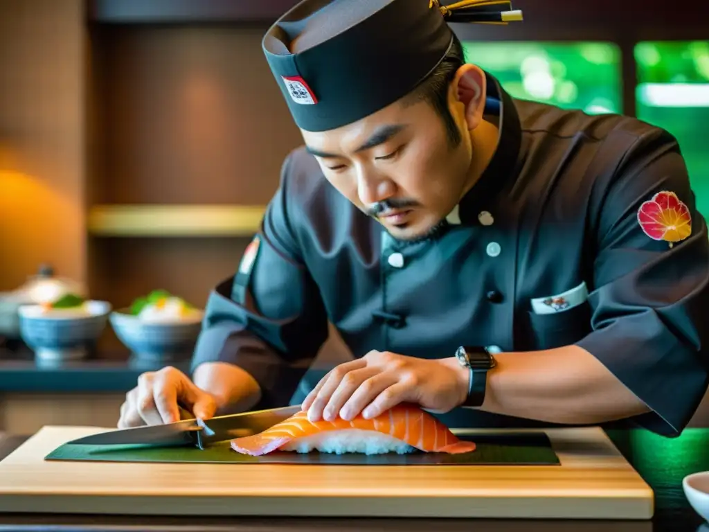 Un maestro sushi corta pescado fresco con precisión, reflejando los Principios del Bushido en gastronomía con su concentración y destreza