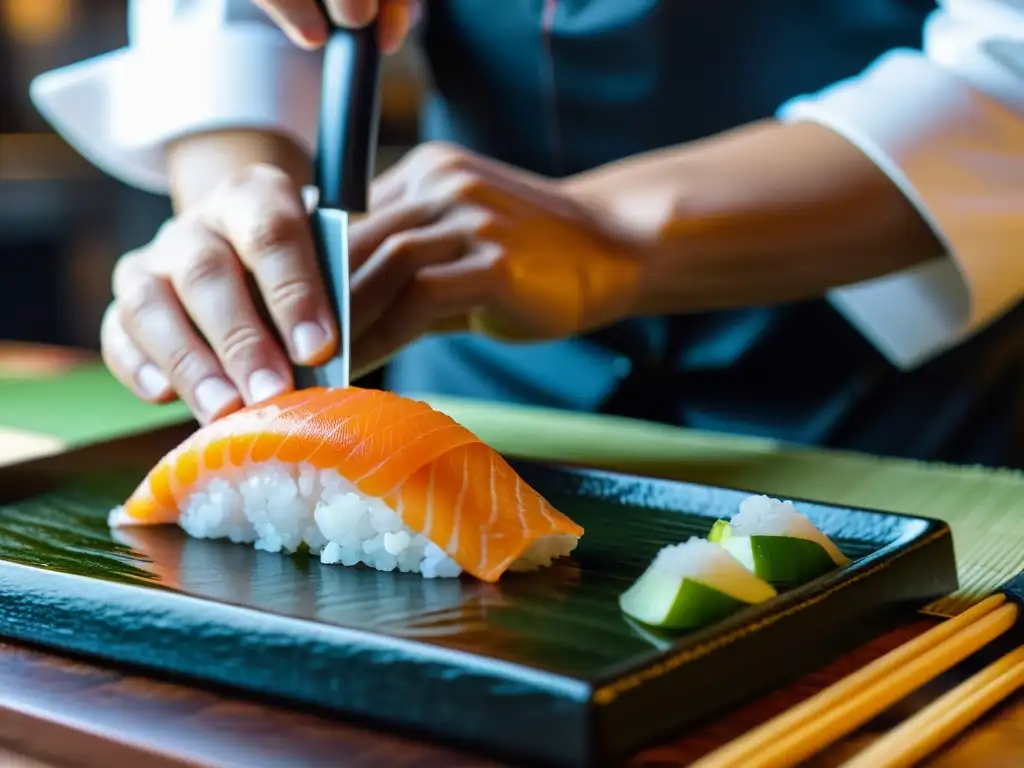 Un maestro sushi con destreza crea nigiri, mostrando la exquisita artesanía de la gastronomía japonesa en un festival samurái