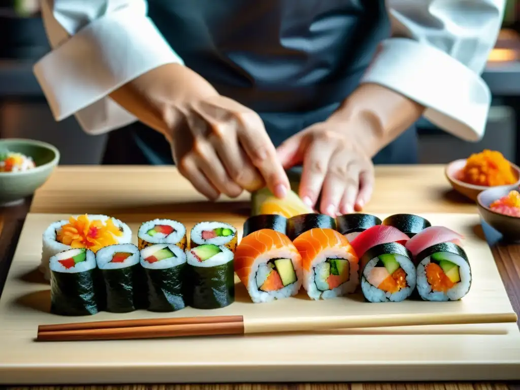 Un maestro sushi prepara exquisitos rollos de sushi en un festival samurái, mostrando la precisión y arte de la gastronomía japonesa