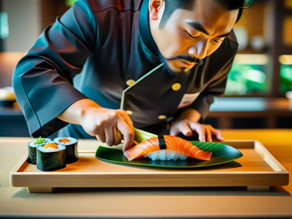 Un maestro sushi japonés crea con maestría un plato exquisito, fusionando arte culinario y Principios del Bushido en gastronomía