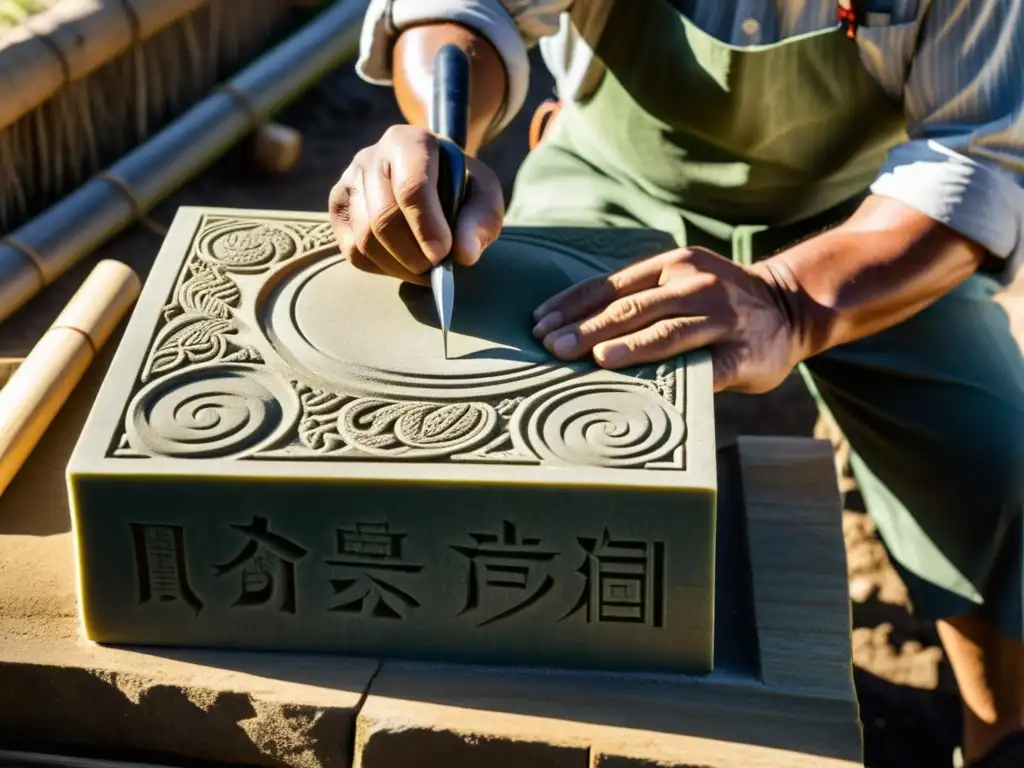 Maestro tallando piedra en castillo japonés Maestro tallador de piedra en sitio de construcción de castillo japonés, evocando principios filosóficos y tradición samurai