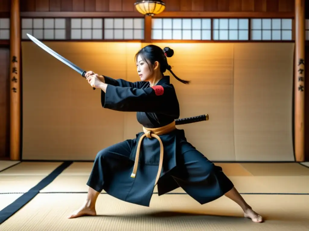 Un maestro muestra la técnica de Naginatajutsu con intensidad, mientras la lanza samurái se mueve con gracia en un dojo tradicional