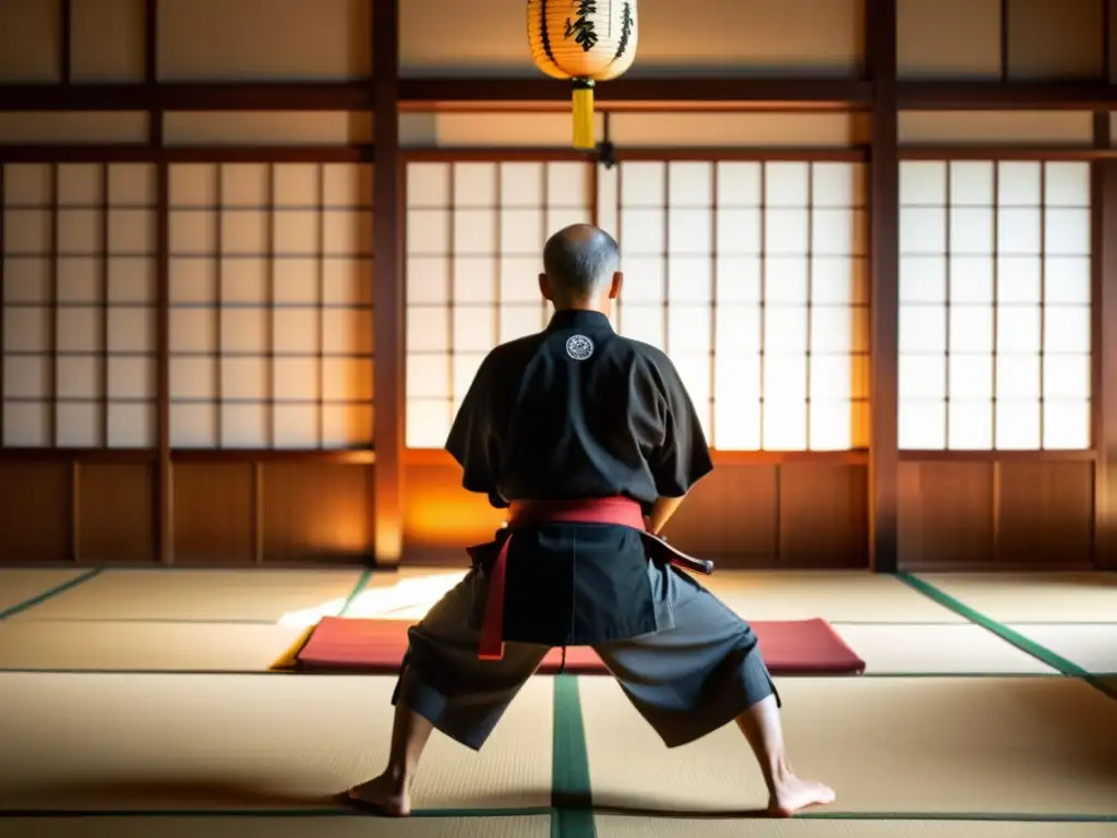 Un maestro muestra las técnicas de Naginatajutsu en un dojo japonés tradicional, con estudiantes atentos