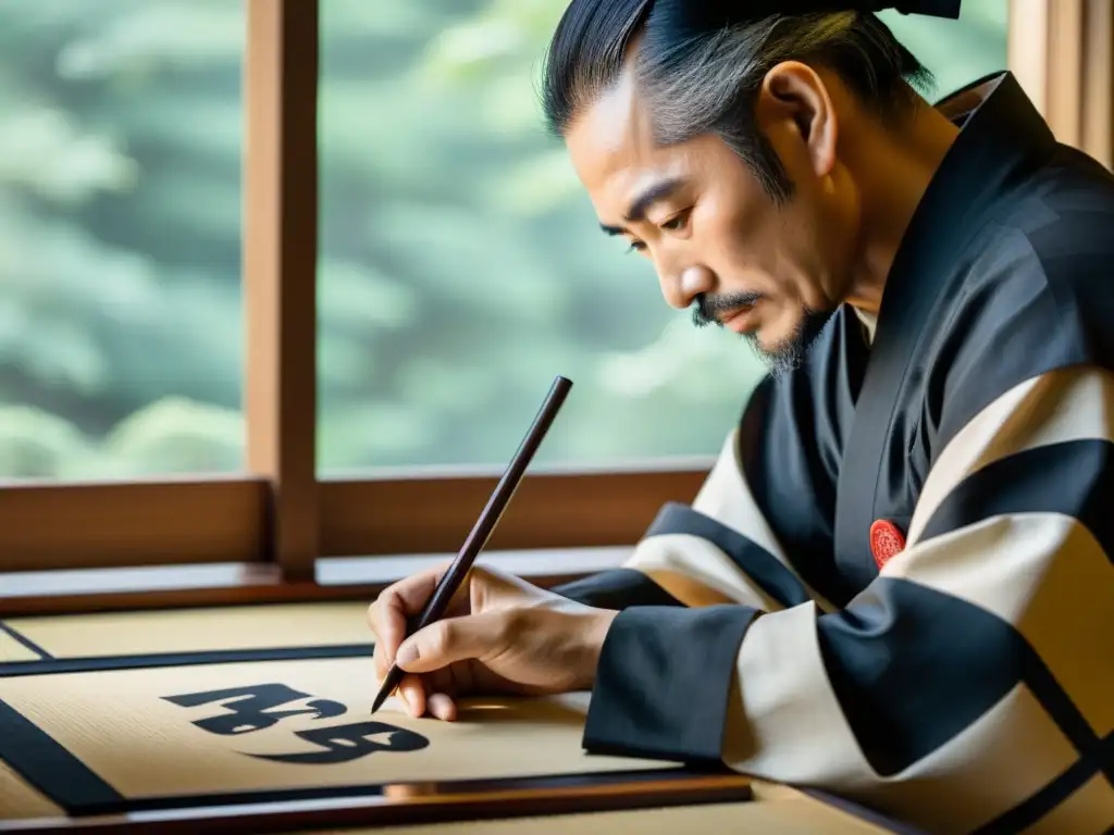 Un maestro calígrafo samurái viste atuendo tradicional mientras pinta caracteres japoneses con concentración