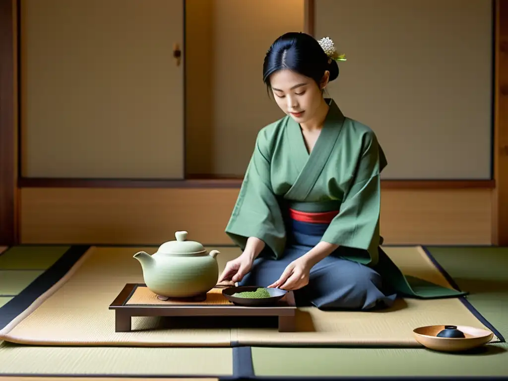 Ceremonia del té japonés: gracia y tranquilidad Un maestro del té vestido con kimono realiza una ceremonia de té en una sala tatami serena