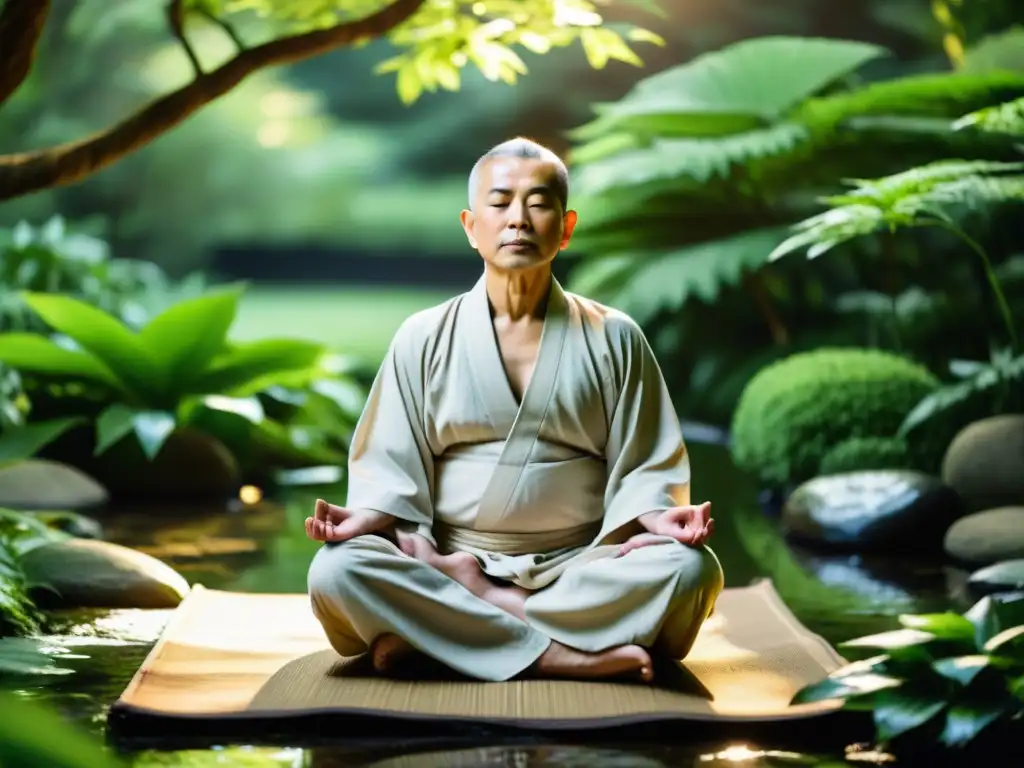 Maestro Zen en meditación, rodeado de naturaleza serena