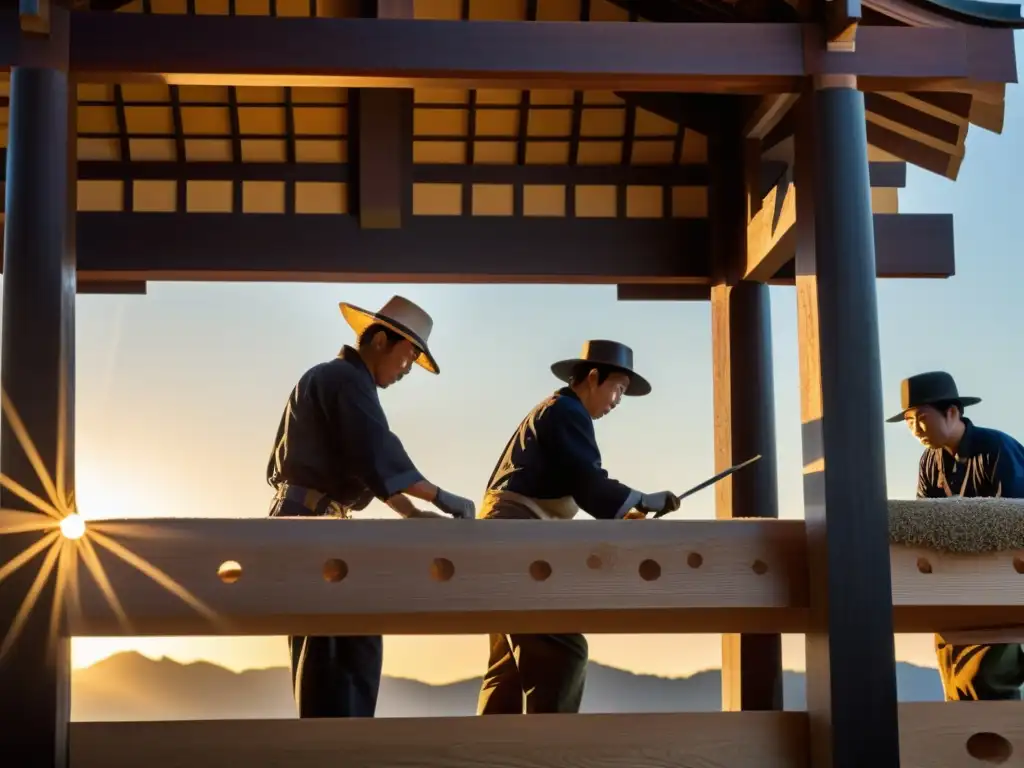 Maestros arquitectos y artesanos construyen con dedicación un castillo samurái, iluminados por el cálido atardecer