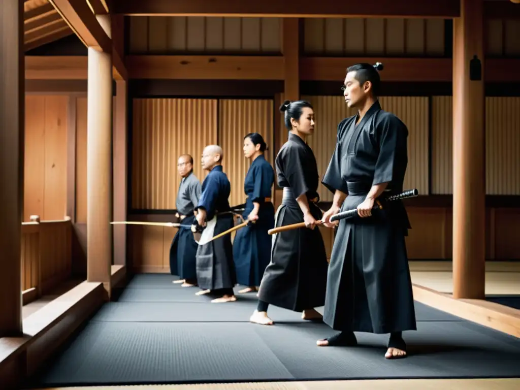 Maestros del Iaido en la cultura samurái: grupo practicando con espadas en un dojo tradicional japonés, mostrando intensidad y disciplina