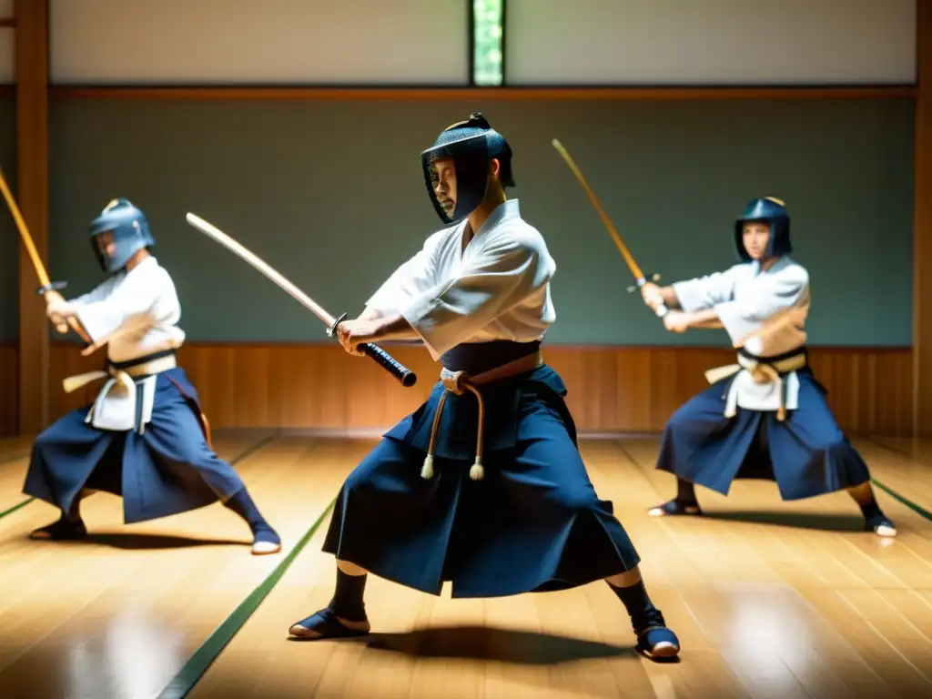 Maestros de Kendo en uniformes blancos ejecutando movimientos precisos con sables de bambú en un dojo sereno, mostrando la importancia de la postura en el Kendo y su técnica impecable