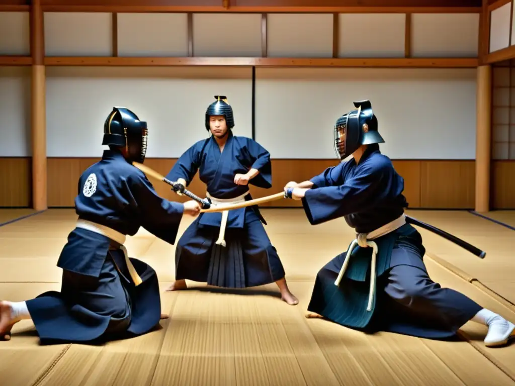 Maestros legendarios de Kendo compiten en un dojo sereno, demostrando disciplina y precisión en un ambiente auténtico japonés