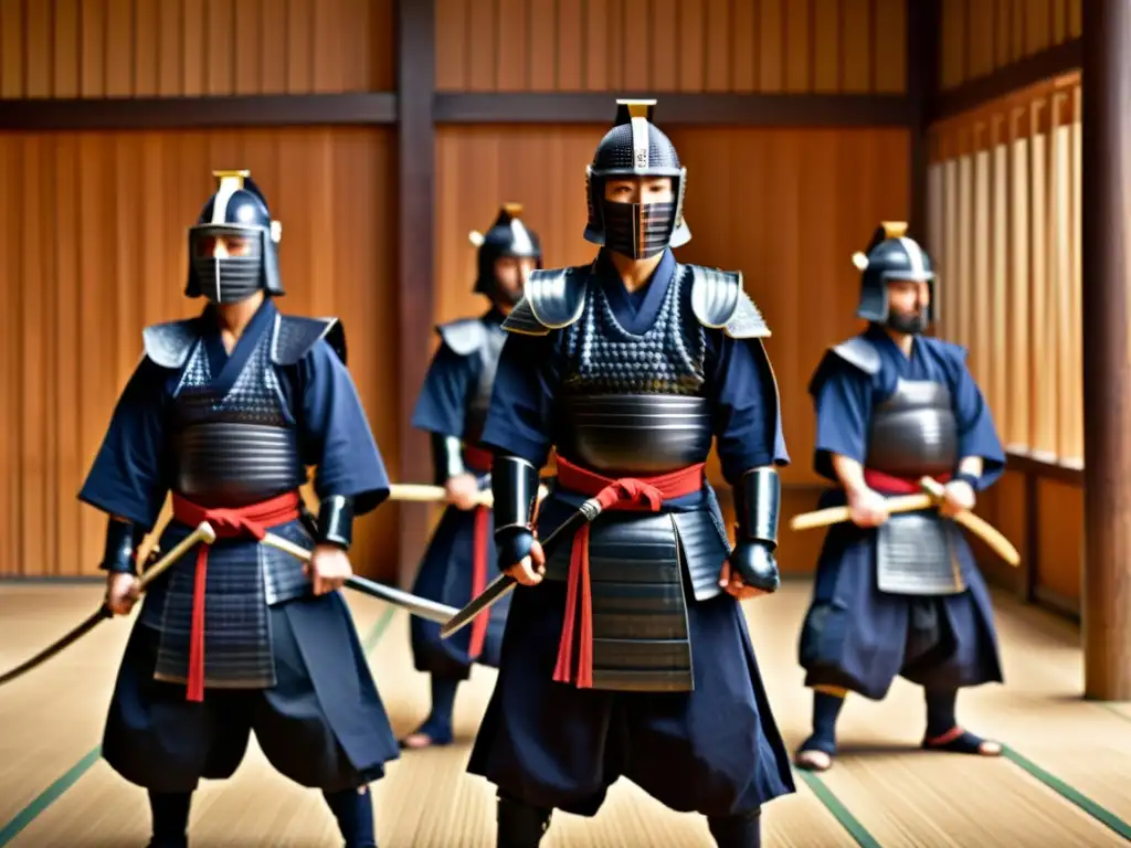 Maestros legendarios de Kendo en un dojo, con armaduras samurái, concentración y espadas de madera, evocando historia y tradición japonesa