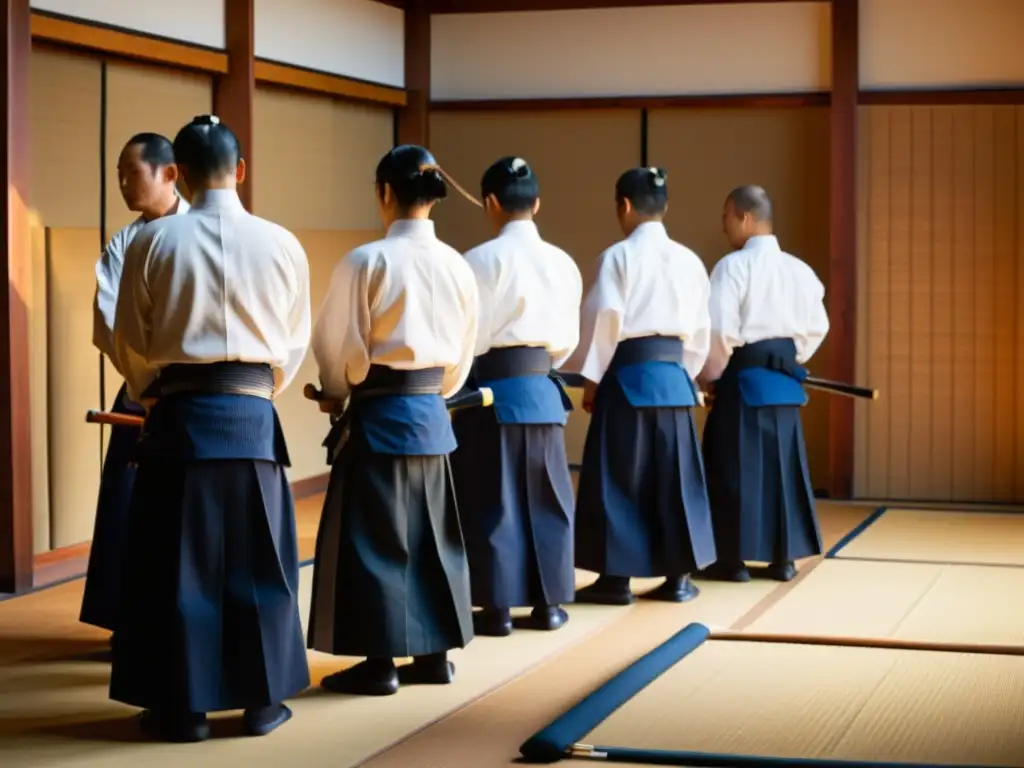 Maestros legendarios de Kendo en tradicional dojo, mostrando respeto y disciplina al inicio de la práctica al atardecer