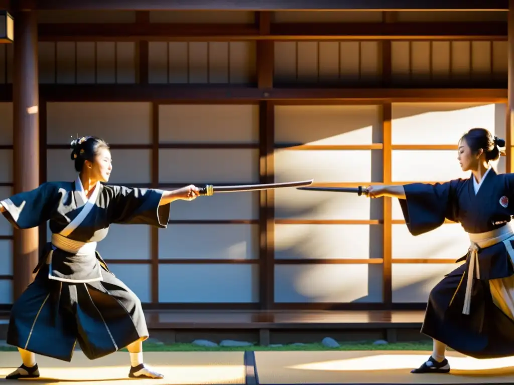 Maestros de naginatajutsu en atuendo tradicional japonés realizando una precisa y elegante rutina en un patio soleado, capturando la esencia de la ceremonia japonesa