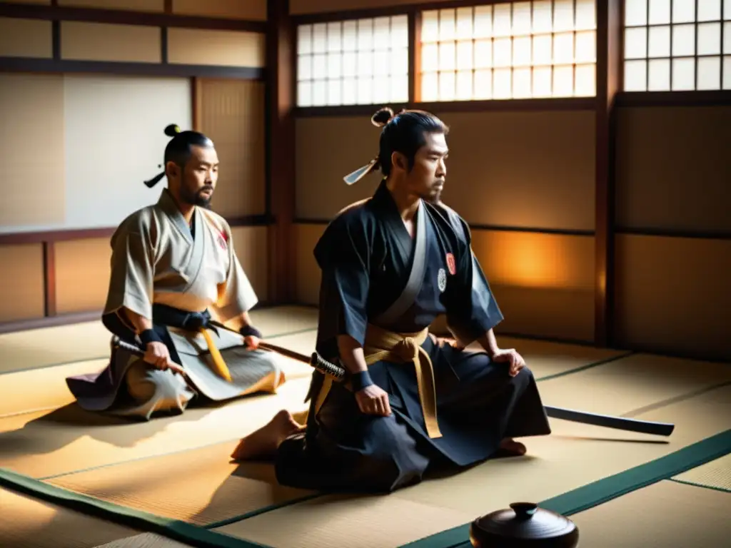 Maestros practican técnicas de combate Naginatajutsu tradicional en un dojo japonés, exudando determinación y reverencia