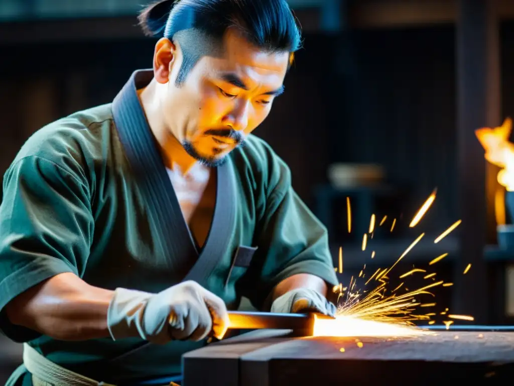 Magnífica imagen de un herrero japonés forjando una katana, resaltando la importancia del mantenimiento de katana samurái