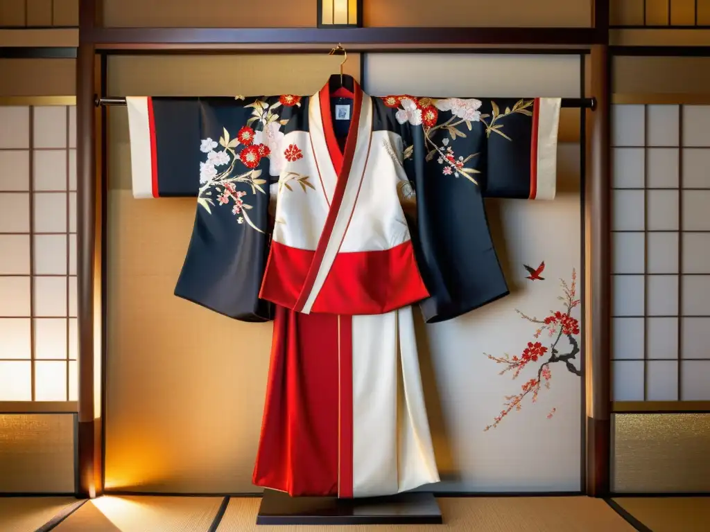 Una majestuosa boda samurái se despliega en un kimono japonés bordado con grullas y cerezos