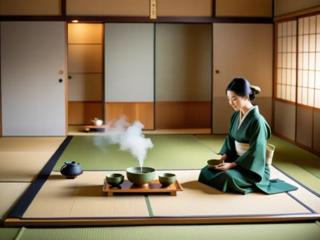 Una majestuosa ceremonia del té japonés en una serena habitación tatami