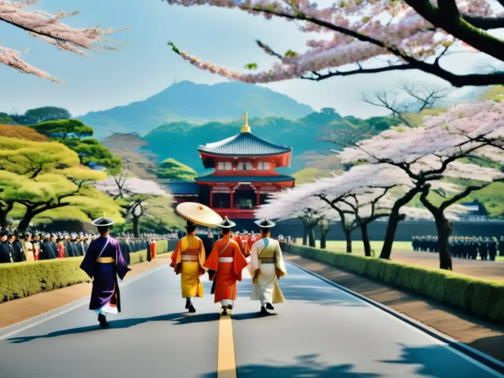 La majestuosa procesión de la familia Imperial Japonesa hacia el Palacio Imperial, con atuendos tradicionales y rodeada de cerezos en flor